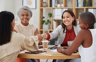 Buy stock photo Partnership, handshake and collaboration of business women in office for deal, onboarding or agreement. Welcome, meeting and group of happy people shaking hands for introduction or congratulations.