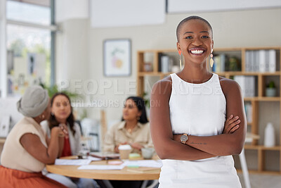 Buy stock photo Black woman in business, smile in portrait and leadership, arms crossed and confident, pride and success in meeting. Team leader, corporate and happy female with professional mindset in workplace
