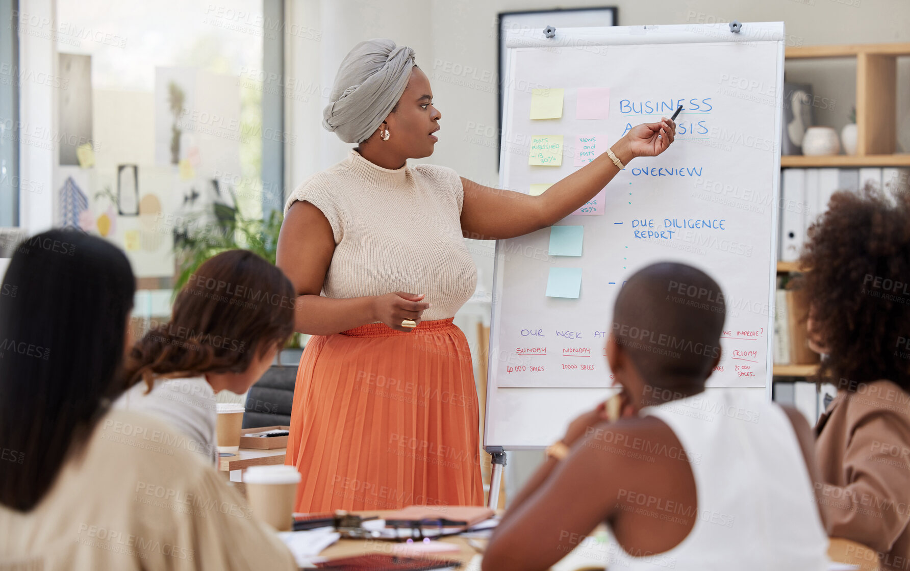 Buy stock photo Business meeting, woman speaker and communication from women employee with analysis presentation. Whiteboard, planning worker and staff solution from collaboration and teamwork of working team