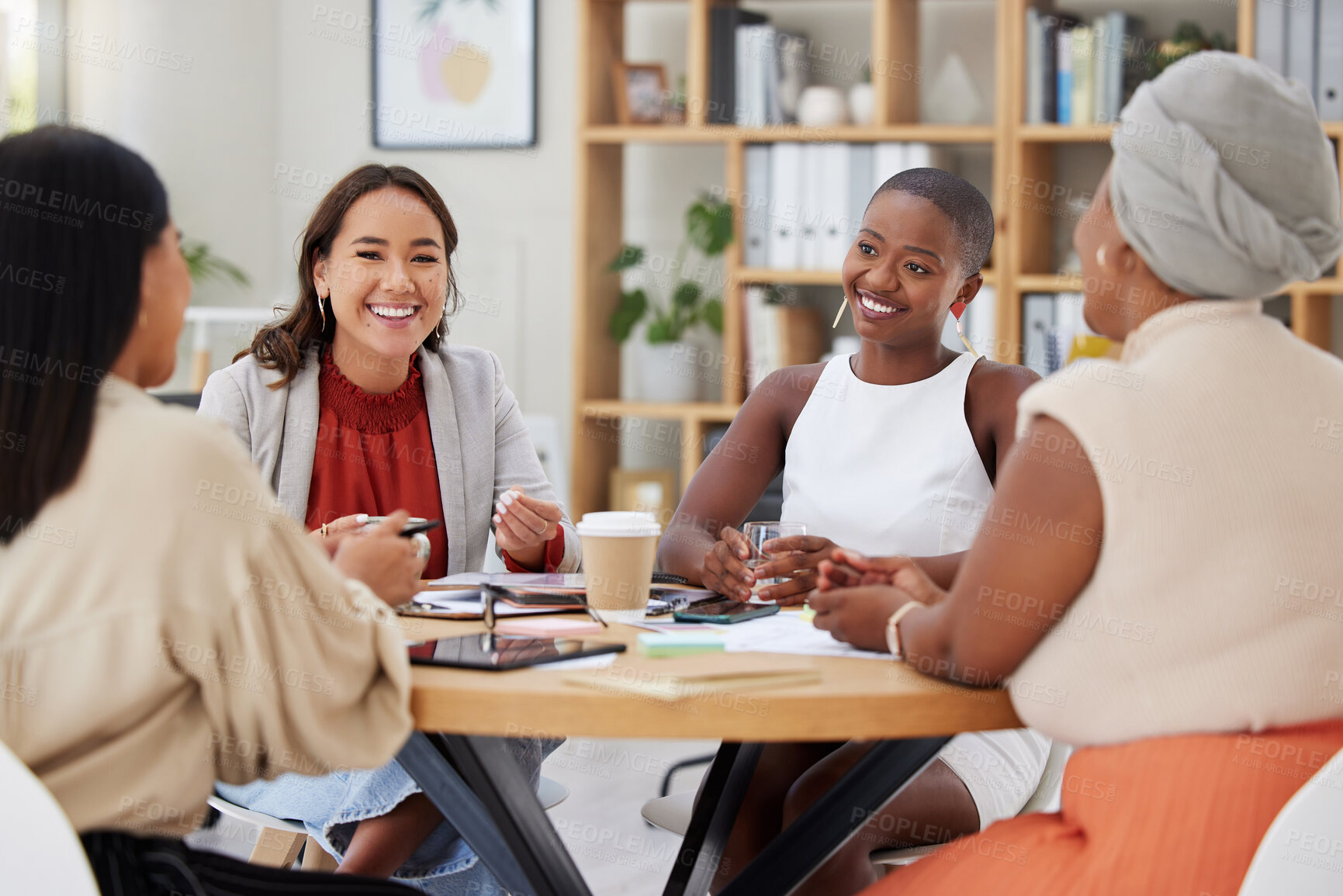 Buy stock photo Business women, meeting and discussion in office, brainstorming or planning. Cooperation, portrait and collaboration for group happiness of employees, staff or people talking or speaking in workplace