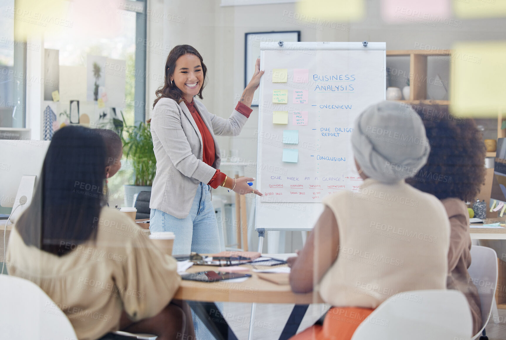 Buy stock photo Corporate presentation, woman speaker and planning women with employee group from business analysis. Whiteboard, happy worker and sales logistics staff from collaboration and teamwork of team