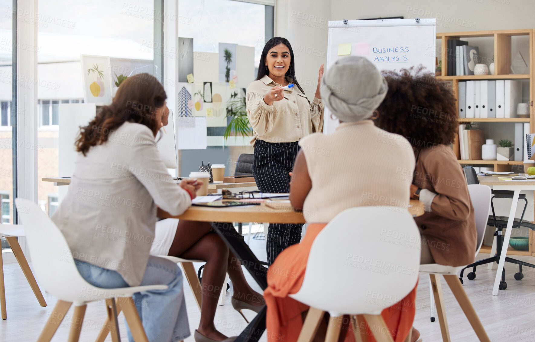 Buy stock photo Business meeting, woman communication and team of women employee group with presentation. Whiteboard, happy worker and planning of staff from analysis collaboration and teamwork of working team