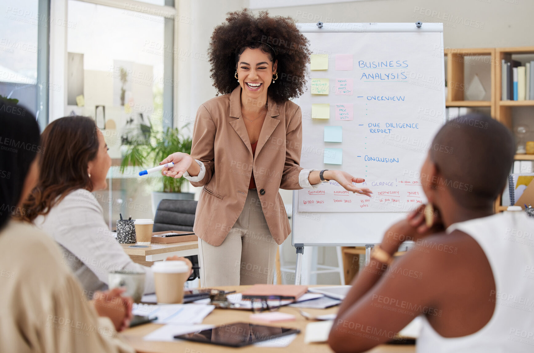 Buy stock photo Meeting, happy woman speaker and women employee group with business analysis presentation. Whiteboard, business worker and happiness of staff from collaboration and report teamwork of working team