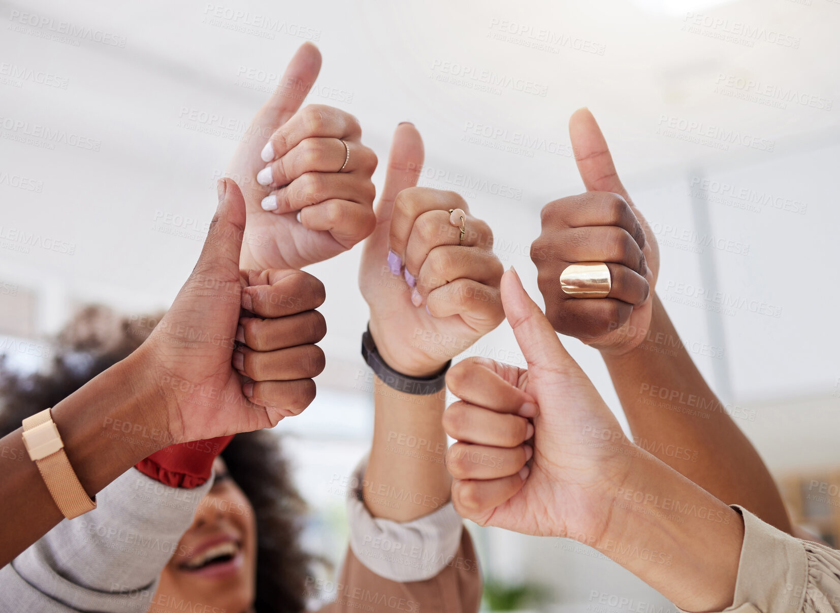 Buy stock photo Hands, thumbs up and group in office for success, support or teamwork, cooperation or solidarity. Like emoji, hand gesture and business women with agreement, approval or okay, yes or target for goal.