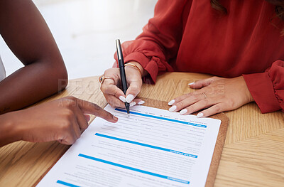 Buy stock photo Hands, clipboard or contract and a business woman writing on a survey with her financial advisor in an office. Documents, questionnaire and agreement with a female employee signing official paperwork