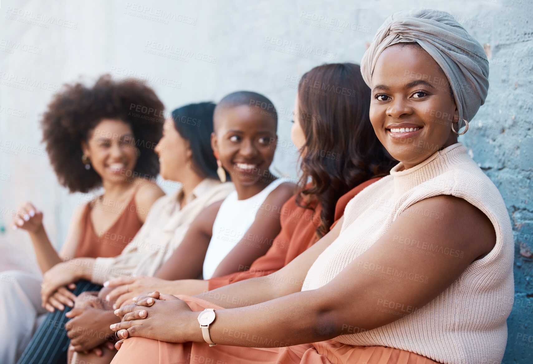 Buy stock photo Black woman, portrait smile and waiting room with team in collaboration for hiring or recruitment in row at office. Creative African female smiling in teamwork, leadership or management for startup