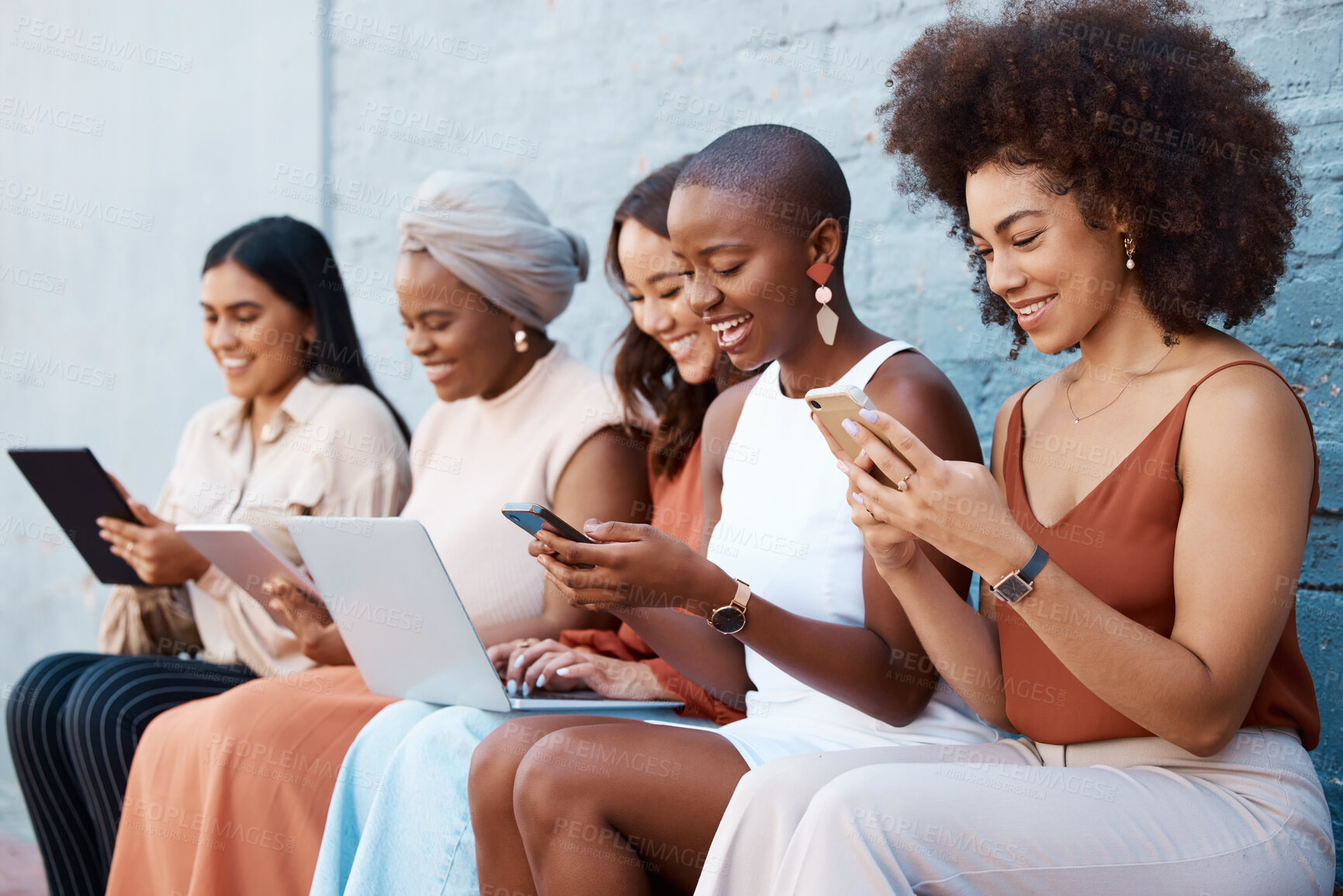 Buy stock photo Business woman, friends and networking in waiting room for social media, career opportunity or job search in row. Happy women smile with multimedia devices for 5G network connection or communication