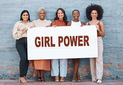 Buy stock photo Women, diversity and banner for empowerment on billboard, mockup or advertising board. Strong entrepreneur female group portrait with poster, paper or power sign for announcement or voice