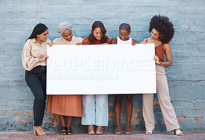 Buy stock photo Women, diversity and poster with space outdoor for billboard, mockup or advertising on board. Strong entrepreneur female group together with banner, paper or blank sign for announcement or voice