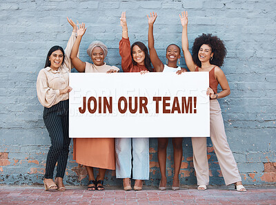 Buy stock photo Women, diversity and join us poster for recruitment outdoor with billboard, mockup or advertising on board. Female business team or candidate hands happy with hiring opportunity banner or sign