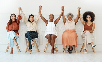 Buy stock photo Happy women, business and teamwork celebration in waiting room for hiring, job opportunity or success at office. Group of woman employees holding hands in happiness for team win or victory in a row