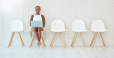Buy stock photo Portrait, laptop and black woman in waiting room, interview or recruitment, hiring or office job. Computer, hr and happiness of business person or African female sitting on chair for employment.
