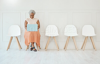 Buy stock photo Happy, recruitment and a black woman in a waiting room with a laptop typing an email. Smile, business and an African corporate employee with a computer for an interview, job search and reading notes