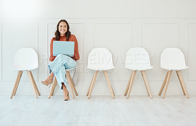 Buy stock photo Portrait, laptop and woman in waiting room, interview or recruitment, hiring or office job. Computer, hr and happiness of business person or Asian female from Japan sitting on chair for employment.