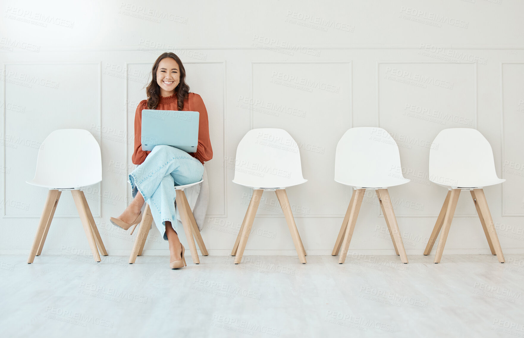Buy stock photo Portrait, laptop and woman in waiting room, interview or recruitment, hiring or office job. Computer, hr and happiness of business person or Asian female from Japan sitting on chair for employment.