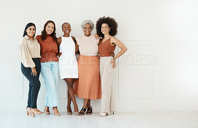 Buy stock photo Portrait, teamwork and business women smile in office standing together by white wall mockup. Happiness, diversity and group of friends, employees or staff with cooperation or workplace collaboration
