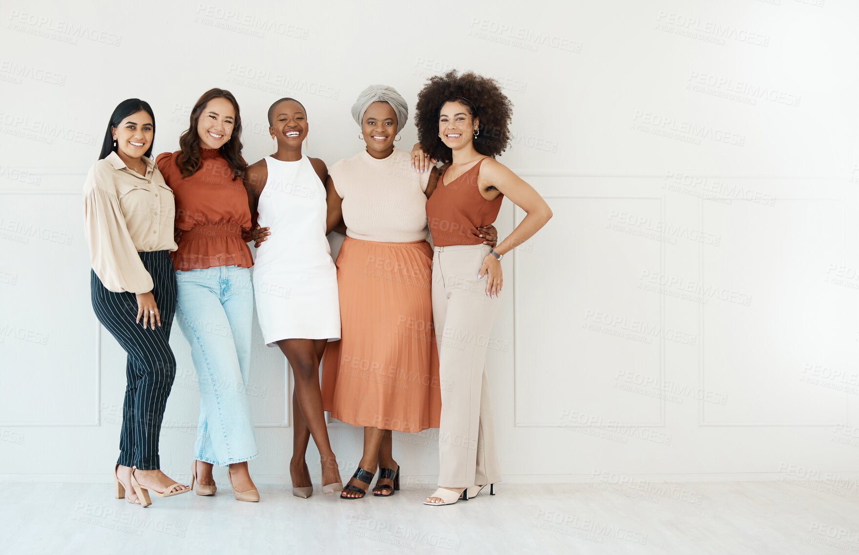 Buy stock photo Portrait, teamwork and business women smile in office standing together by white wall mockup. Happiness, diversity and group of friends, employees or staff with cooperation or workplace collaboration