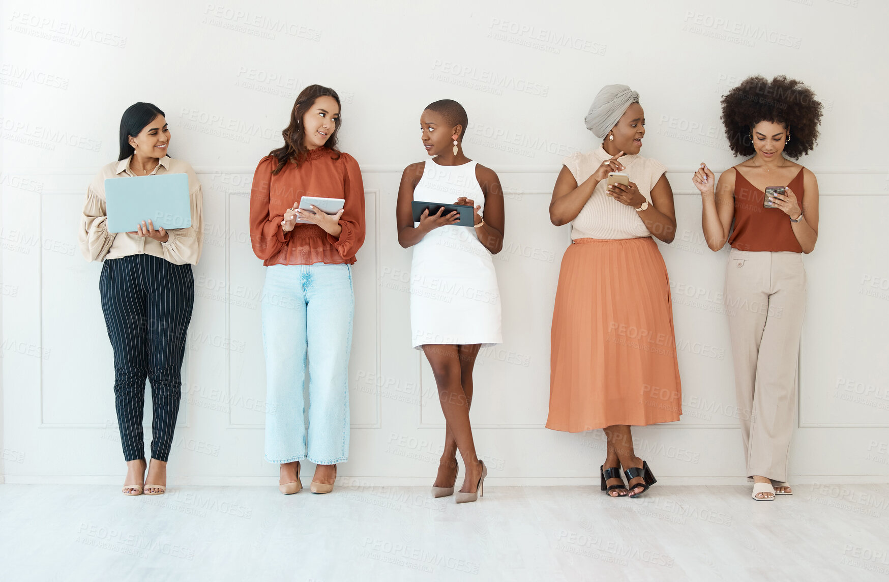 Buy stock photo Businesswomen, networking and communication in waiting room for social media, career opportunity or job search. Group of woman employees in multimedia collaboration, mobile app or network in a row