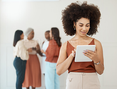 Buy stock photo Black woman, tablet and business leader typing email for communication, internet and network connection. Happy female entrepreneur working on mobile app for social media, leadership report or search