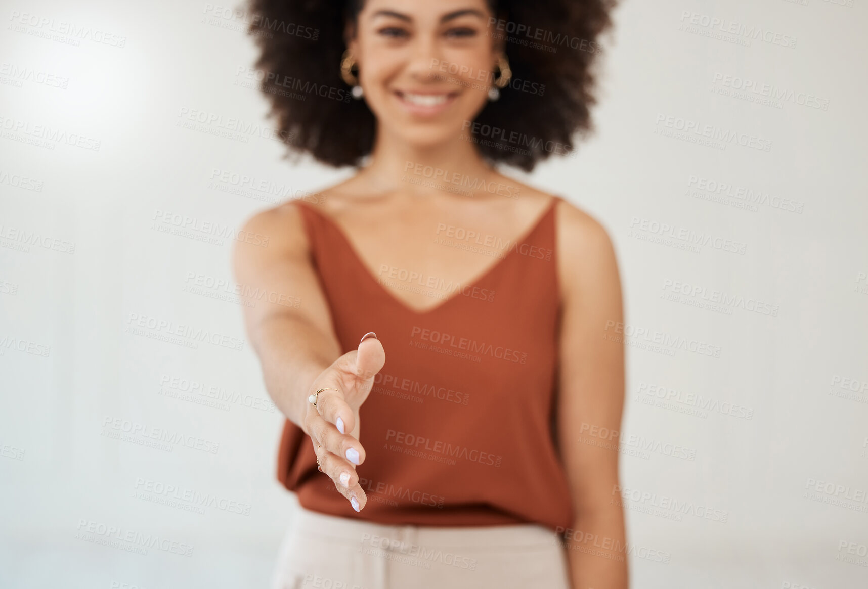 Buy stock photo Business woman, handshake and portrait smile for meeting, greeting or recruitment hiring at the office. Hand of happy female recruiter shaking hands for thank you, welcome or deal in work agreement