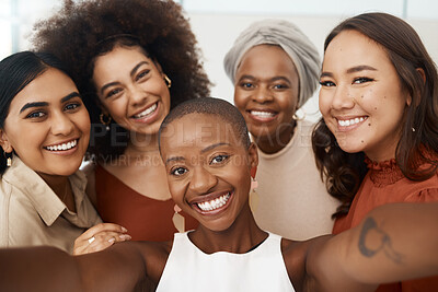 Buy stock photo Business woman, friends and smile for selfie, profile picture or social media business at office. Portrait of happy and diverse group of women face smiling for photo, vlog or online post at workplace