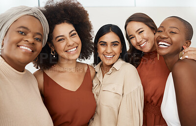Buy stock photo Happy woman, friends and portrait smile for selfie, profile picture or social media business at the office. Excited or friendly group of women face smiling for photo, vlog or online post at workplace