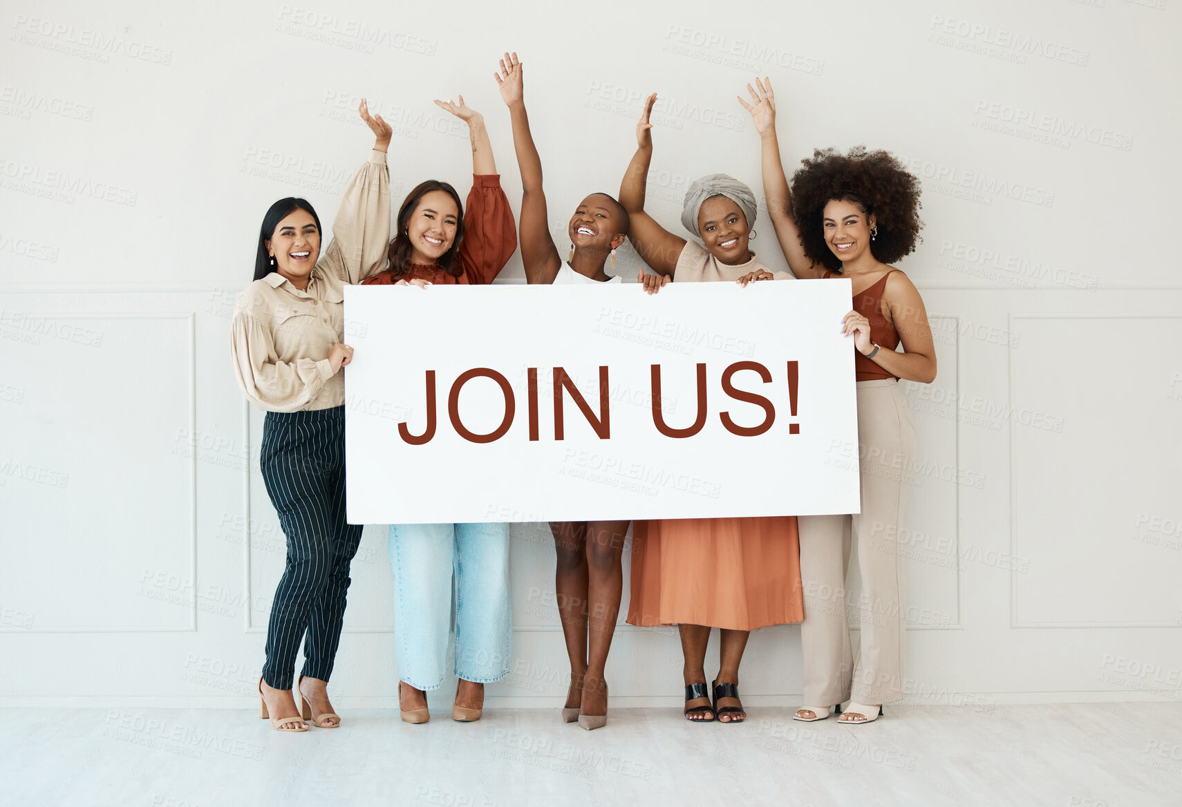 Buy stock photo Women, join us and recruitment poster with billboard, mockup or advertising on board for diversity. Female business team or candidate hands happy or excited with hiring opportunity banner or sign
