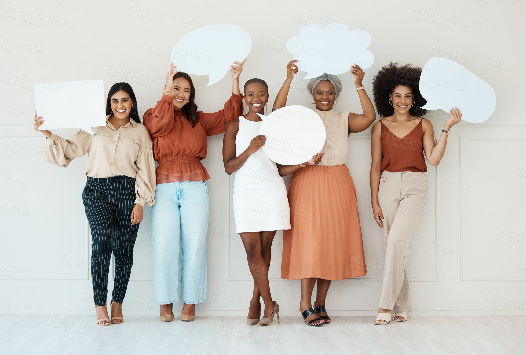 Buy stock photo Business woman, team and speech bubble in social media holding shapes or icons against a wall background. Portrait of happy women friends with poster shaped symbols for networking or communication