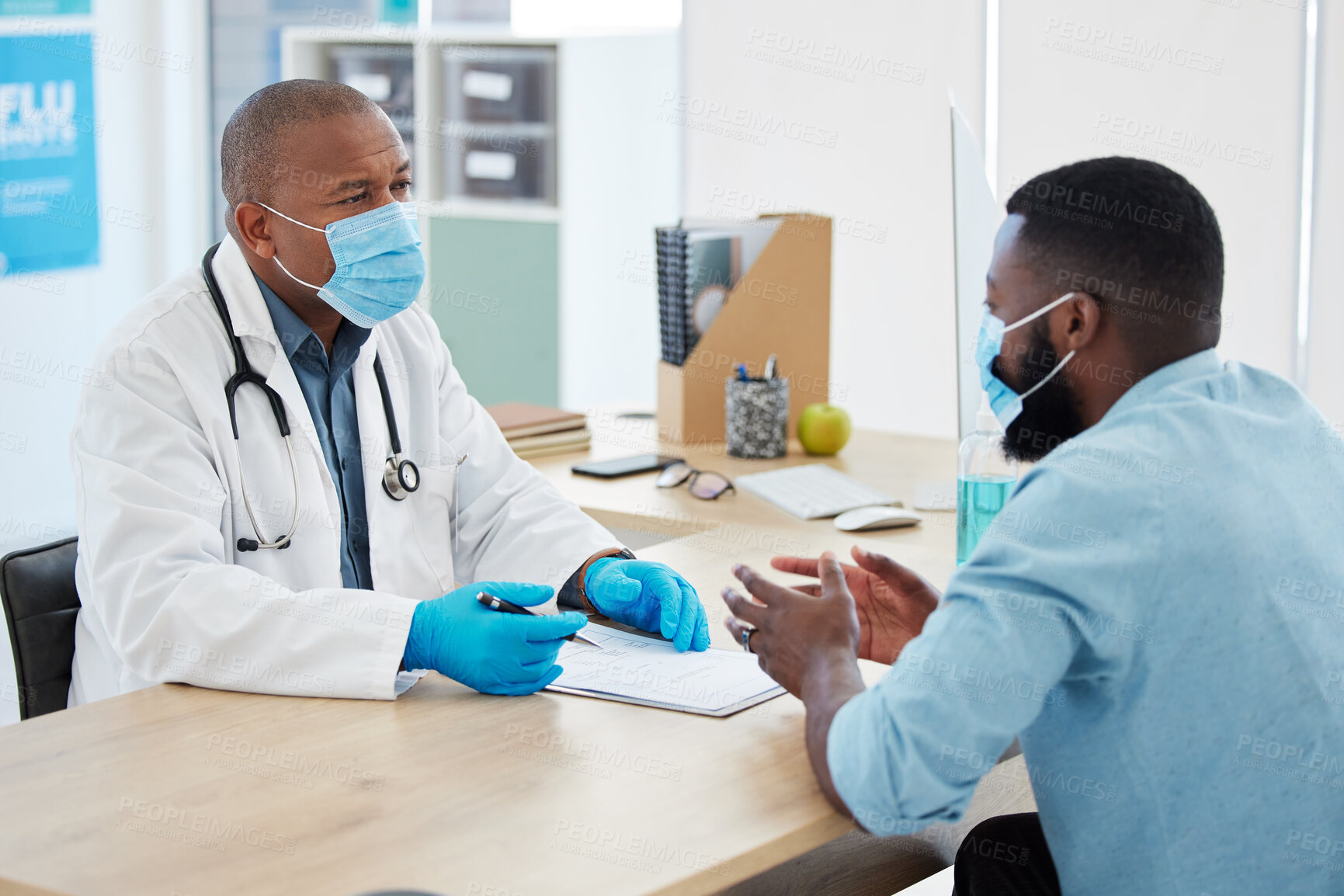 Buy stock photo Doctor, covid consultation and black man talking with patient for checkup or results in clinic. Healthcare, medical professional and African person consulting physician for advice with clipboard.