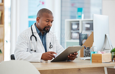 Buy stock photo Healthcare, black man and doctor with clipboard, report and information for procedure, schedule and details. African American male employee, surgeon or medical professional with documents or feedback