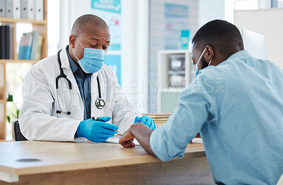 Buy stock photo Black man, doctor and mask consulting patient for healthcare prescription or covid diagnosis at hospital. African male medical professional talking to client with face masks or test results at clinic