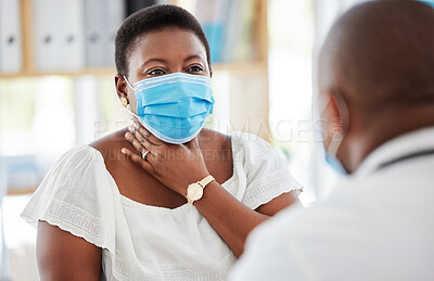 Buy stock photo Black woman, sore throat and face mask, doctor and patient in hospital, medical examination and symptoms. Healthcare, virus with covid and communication, people in clinic with health insurance