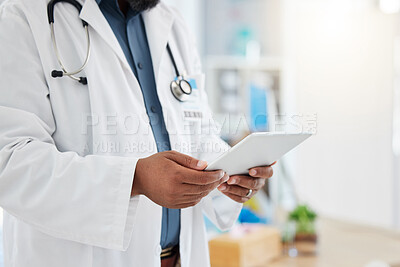 Buy stock photo Black man, doctor and hands with tablet in healthcare research, planning or checking schedule appointment at hospital. Hand of African male medical expert working, browsing or search on touchscreen