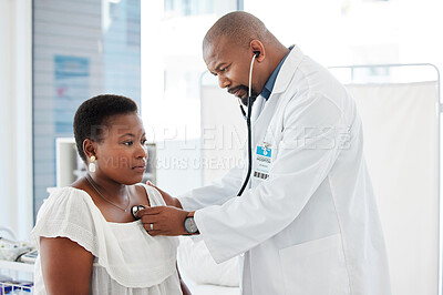 Buy stock photo Healthcare, doctor listening to patient heart with stethoscope and medical consultation with black people. Cardiovascular medicine, man with woman in hospital and health insurance with examination