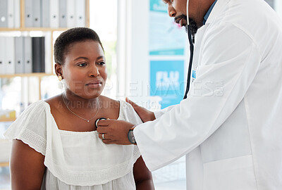 Buy stock photo Healthcare, doctor listen to patient heartbeat and stethoscope, black people in hospital with medical consultation. Cardiology, heart and health insurance, woman and man at clinic with examination