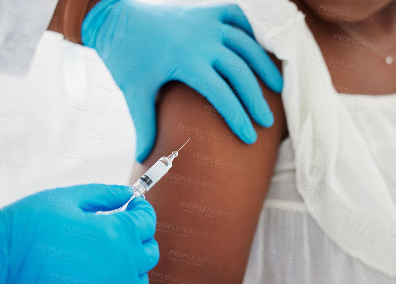 Buy stock photo Hand, covid vaccine and a patient closeup with her doctor in a hospital for an injection of medicine antibiotics. Healthcare, medical and consulting with a healthcare professional holding a syringe