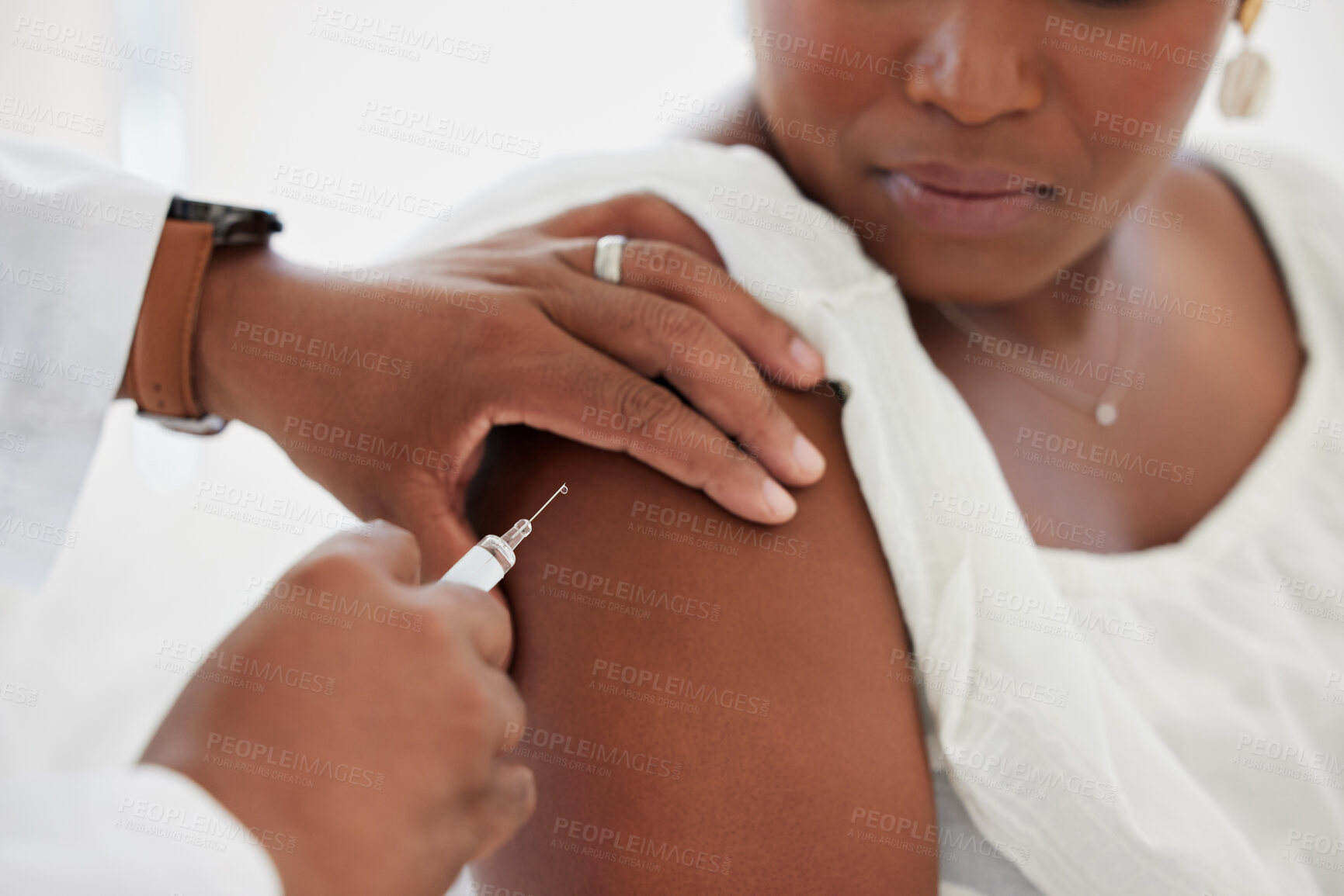 Buy stock photo Hand, covid vaccine and a woman with her doctor in the hospital for an injection of medicine or antibiotics. Healthcare, medical and a consulting with a male medicine professional holding a syringe