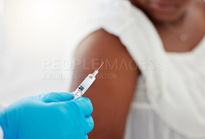 Buy stock photo Hand, covid vaccination and a patient with her doctor in the hospital for an injection of medicine or antibiotics. Healthcare, medical and consulting with a healthcare professional holding a syringe