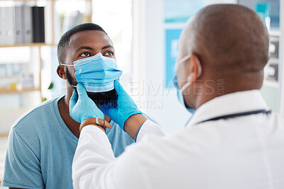 Buy stock photo Doctor, check throat and patient with covid in hospital for symptoms, examination and consultation. Healthcare, black man and medical professional with face mask for treatment or checkup in clinic