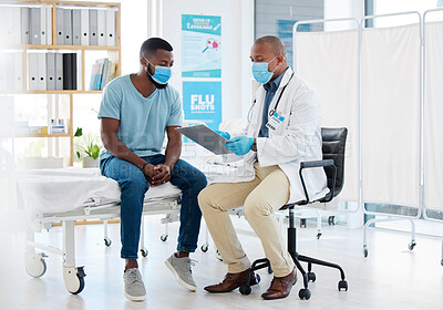 Buy stock photo Doctor, consultation and covid results on clipboard with black man for checkup, test or examination. Healthcare, medical professional and checklist for advice, diagnosis or information in clinic.