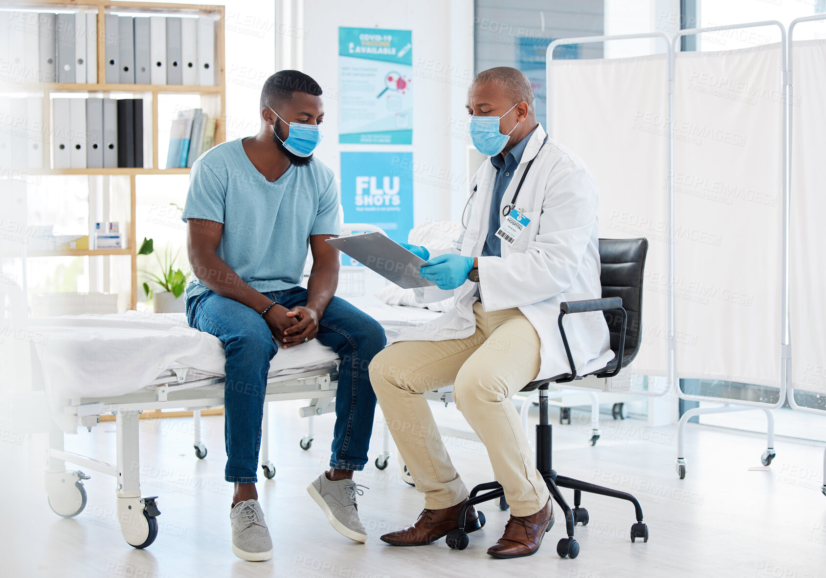Buy stock photo Doctor, consultation and covid results on clipboard with black man for checkup, test or examination. Healthcare, medical professional and checklist for advice, diagnosis or information in clinic.