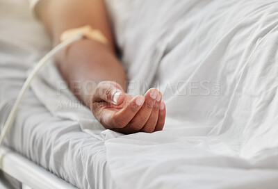 Buy stock photo Health, disease and insurance with sick man receiving emergency medicare at hospital. Chronic illness with an IV drip in his arm. Patient in critical condition, on life support for organ donation