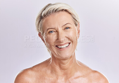 Buy stock photo Beauty and skincare of a senior woman with smooth skin and healthy teeth against a pink background. Portrait of a happy mature, elderly or old female smiling due to cosmetic wellness