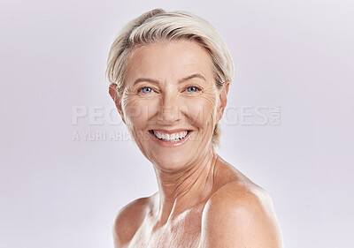 Buy stock photo Skincare of senior woman in a beauty face portrait for hygiene, body care and cosmetic treatment on studio background. Happy anti aging senior model with big smile for wrinkle free skin care routine