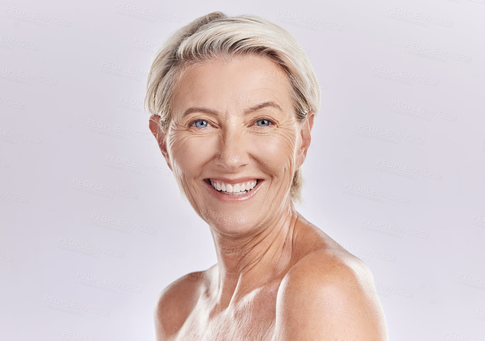 Buy stock photo Skincare of senior woman in a beauty face portrait for hygiene, body care and cosmetic treatment on studio background. Happy anti aging senior model with big smile for wrinkle free skin care routine