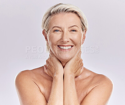 Buy stock photo Skincare, bodycare and face of a mature woman with wrinkles and anti aging beauty hygiene routine. Portrait of happy senior lady with a healthy, wellness and self care lifestyle in a studio.