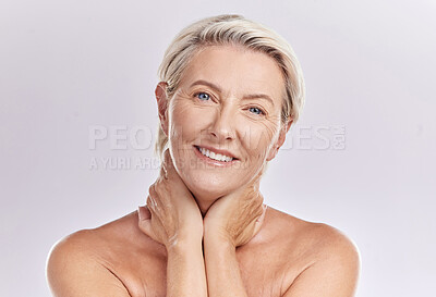Buy stock photo Skincare, smile and mature happy woman in beauty, face and health in a studio background. Portrait of an elderly model lady in wellness, health and cosmetics with beautiful teeth, skin and eyes.
