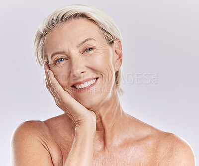 Buy stock photo Portrait, face and beauty with senior woman, happy with skincare and dermatology on white background. Antiaging, natural cosmetics and facial, female model in studio with skin glow and wrinkles