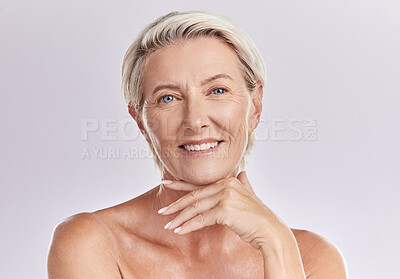 Buy stock photo Portrait, senior or happy woman with natural beauty or healthy face in studio isolated on white background. Dermatology, smile or mature female model with facial skincare cosmetics or glowing shine 