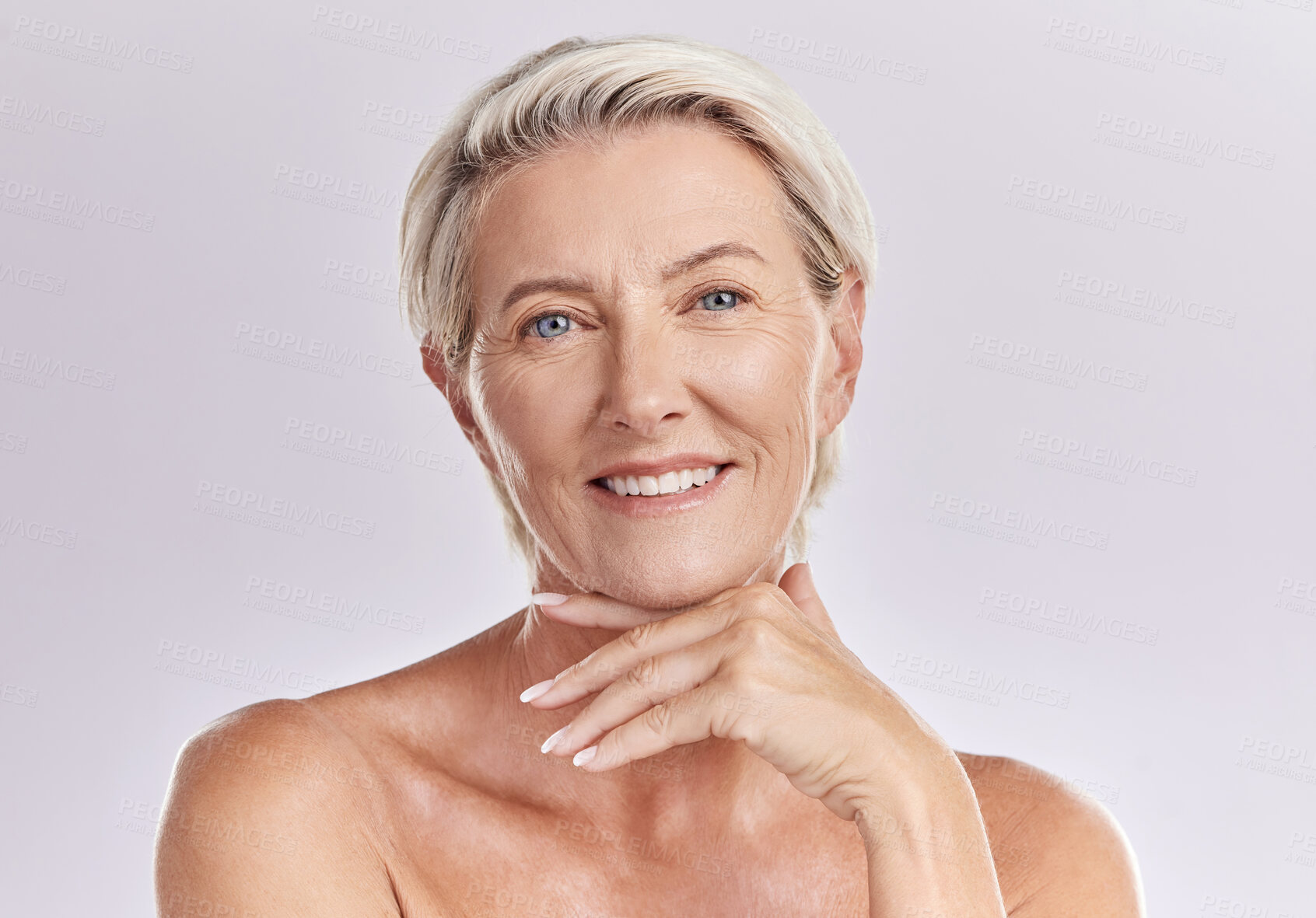 Buy stock photo Portrait, senior or happy woman with natural beauty or healthy face in studio isolated on white background. Dermatology, smile or mature female model with facial skincare cosmetics or glowing shine 